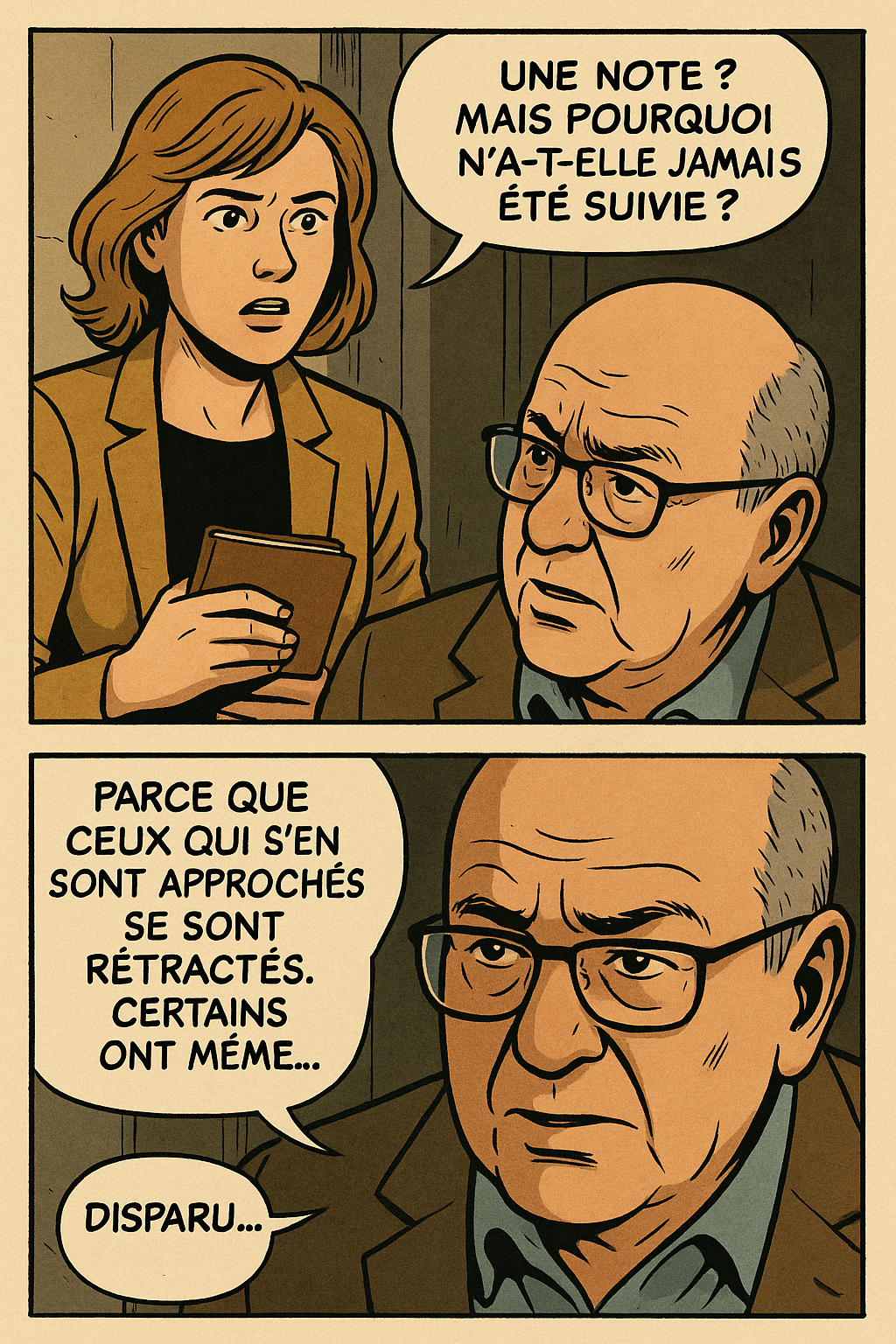 Planche Cro-Magnon : discussion tendue entre une enquêtrice et un homme plus âgé