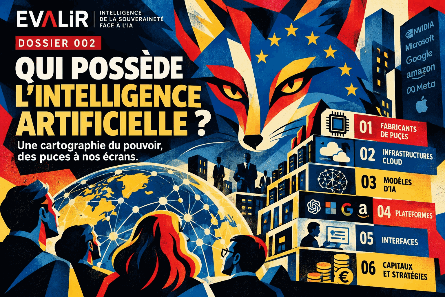 Affiche pop art EVALIR : qui possède l'intelligence artificielle ? Le renard symbolique et les six niveaux du pouvoir technologique.