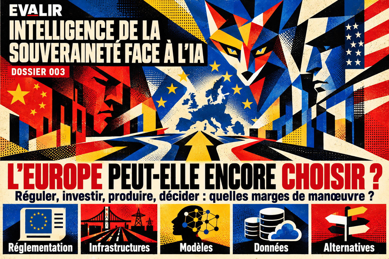 Affiche pop art EVALIR. L'Europe peut-elle encore choisir face à l'IA ? Carte européenne, renard abstrait, cinq leviers de souveraineté.
