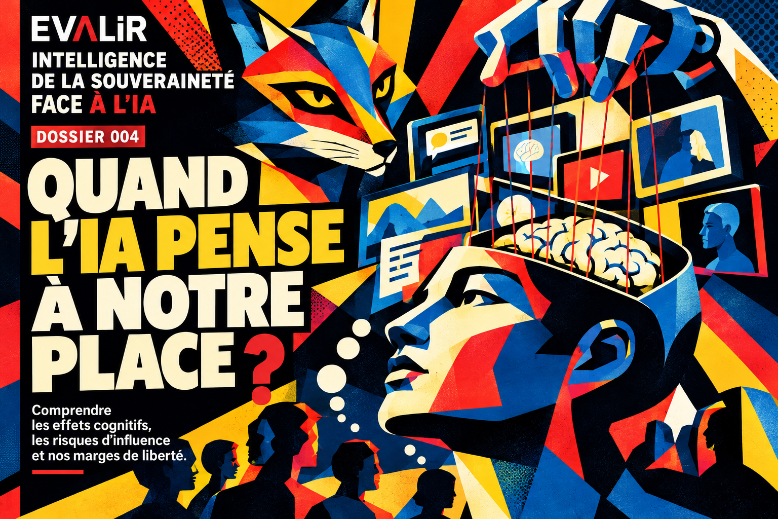 Affiche pop art EVALIR, dossier 004 : Quand l'IA pense à notre place ? Renard abstrait, cerveau et fils symbolisant la délégation cognitive.