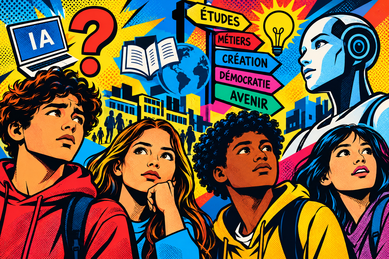 Illustration pop art : jeunes, intelligence artificielle, études, métiers, création, démocratie et avenir
