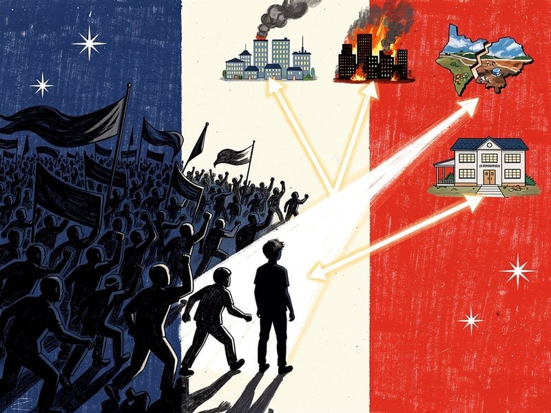 Illustration : la crise et le cône des futurs — foule en marche et trajectoires prospectives