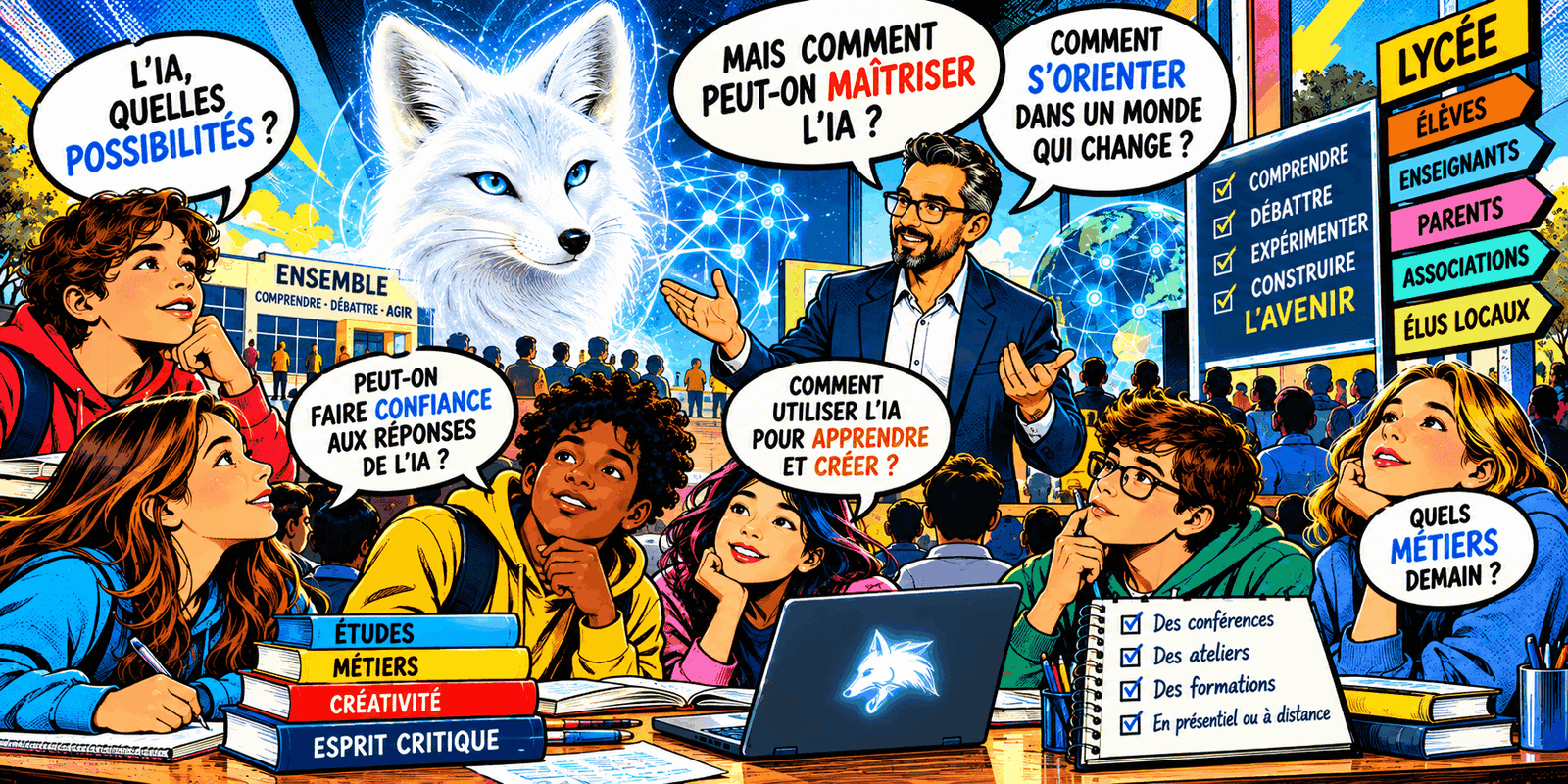 Conférences EVALIR : élèves et enseignants dialoguent sur la maîtrise de l'IA, les études, les métiers et l'esprit critique, avec le renard blanc EVALIR