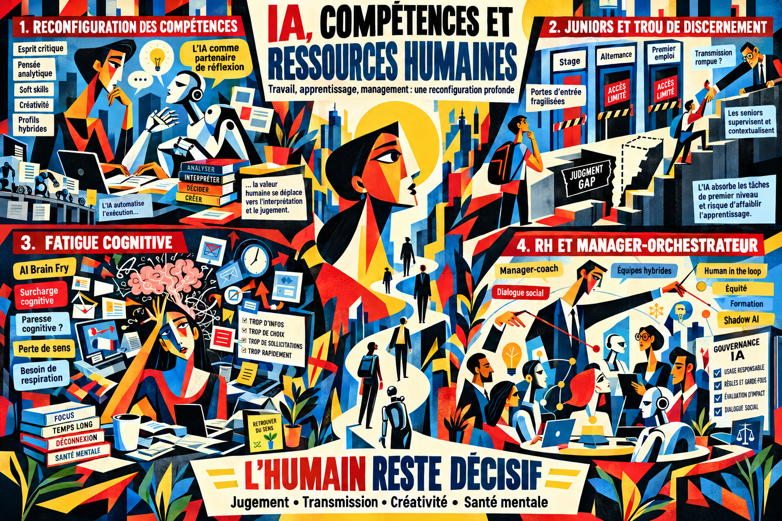 IA, compétences et ressources humaines : reconfiguration des compétences, juniors, fatigue cognitive et manager-orchestrateur