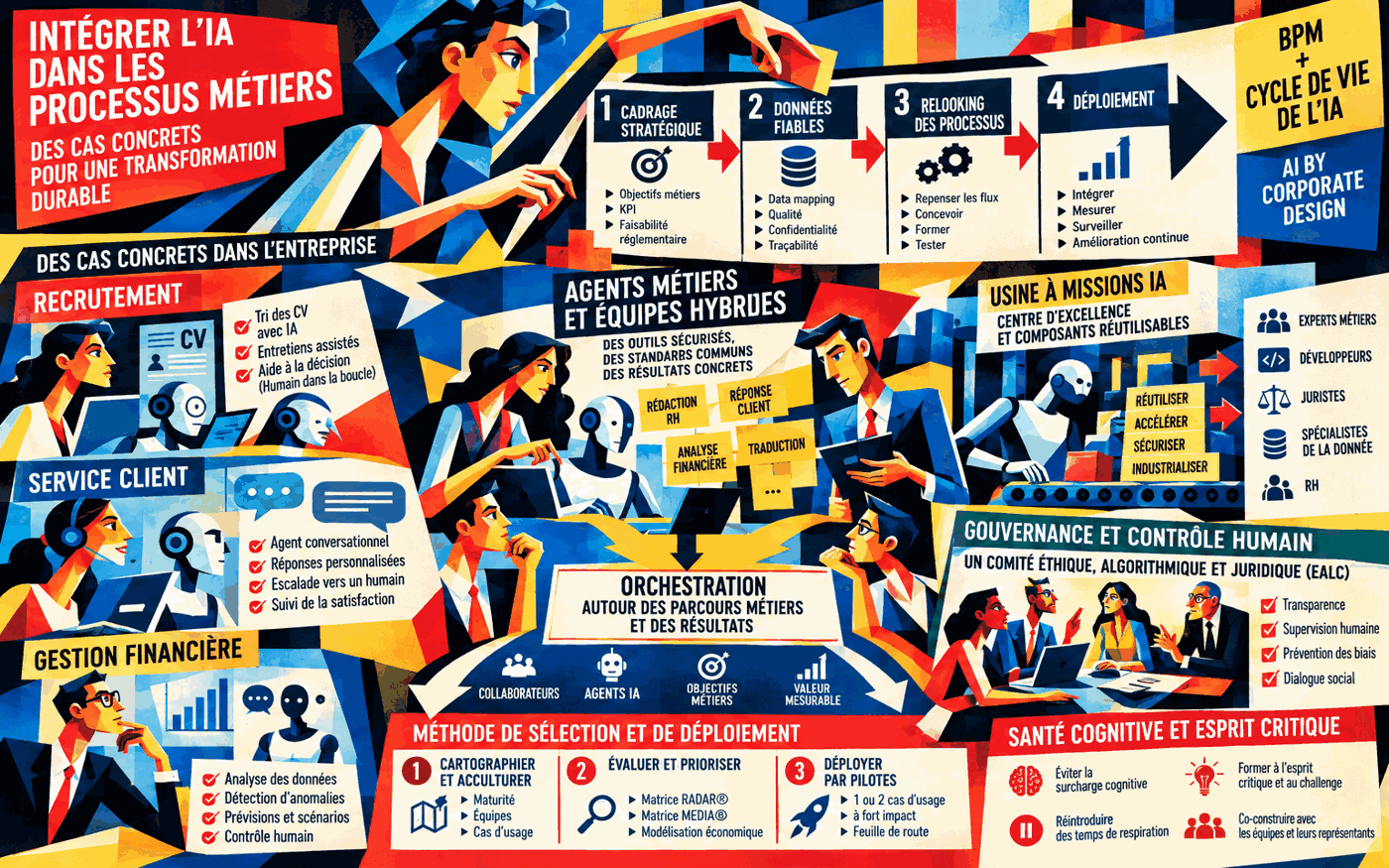 Intégrer l'IA dans les processus métiers : recrutement, service client, finance, gouvernance et travail hybride en style pop géométrique