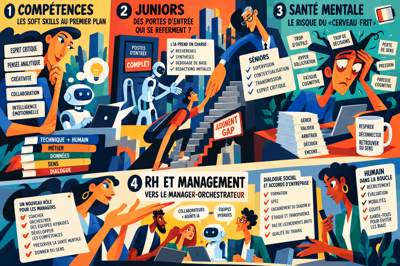 IA et ressources humaines : compétences, juniors, santé mentale et manager-orchestrateur, illustration pop narrative géométrique