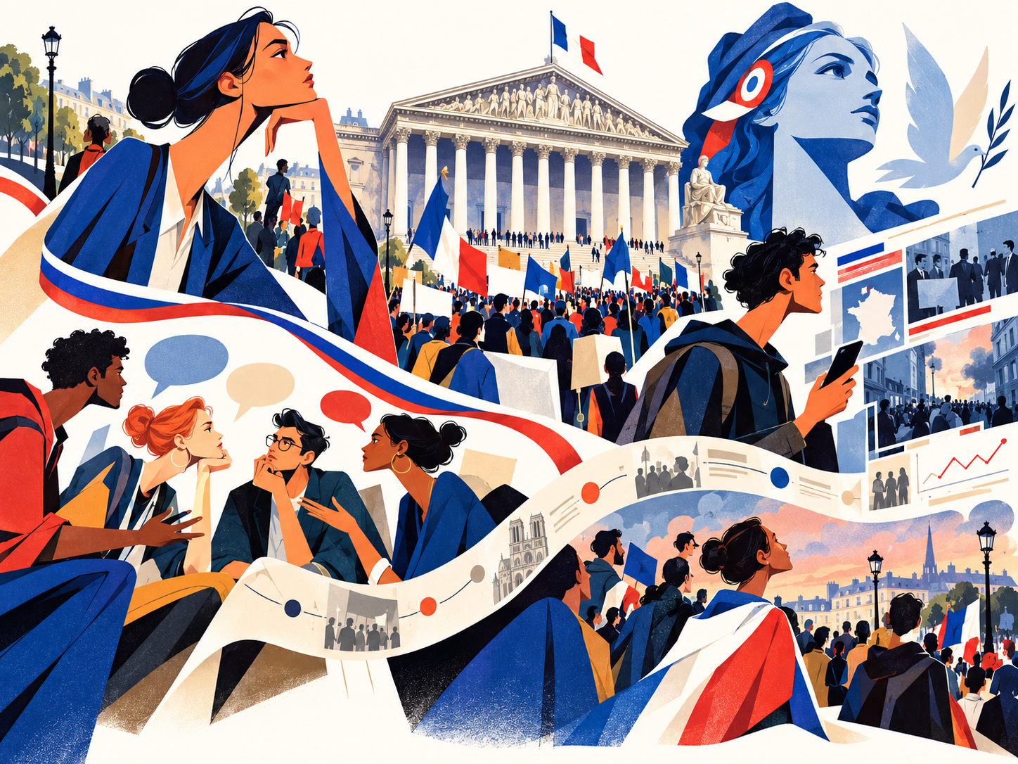 Illustration pop narrative de la France face aux tensions démocratiques, aux manifestations et à l'analyse des crises