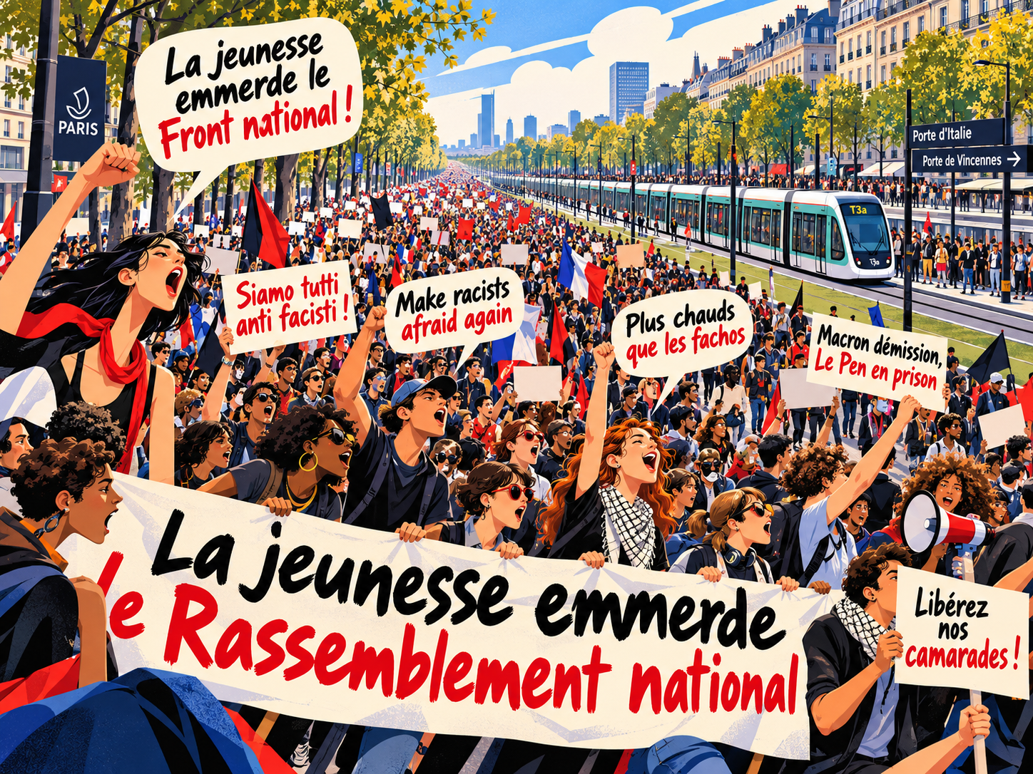 Illustration éditoriale pop narrative des manifestations du 24 octobre