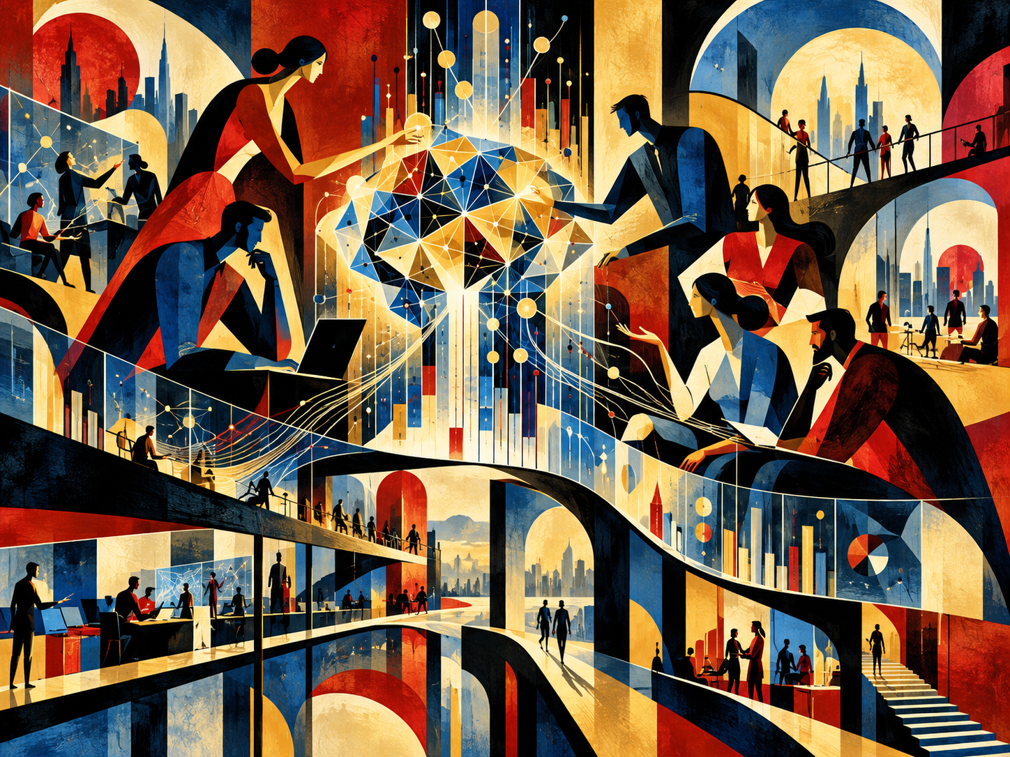 Intelligence vivante de l'organisation, illustration pop narratif géométrique montrant les interactions entre humains, connaissances et intelligence artificielle.